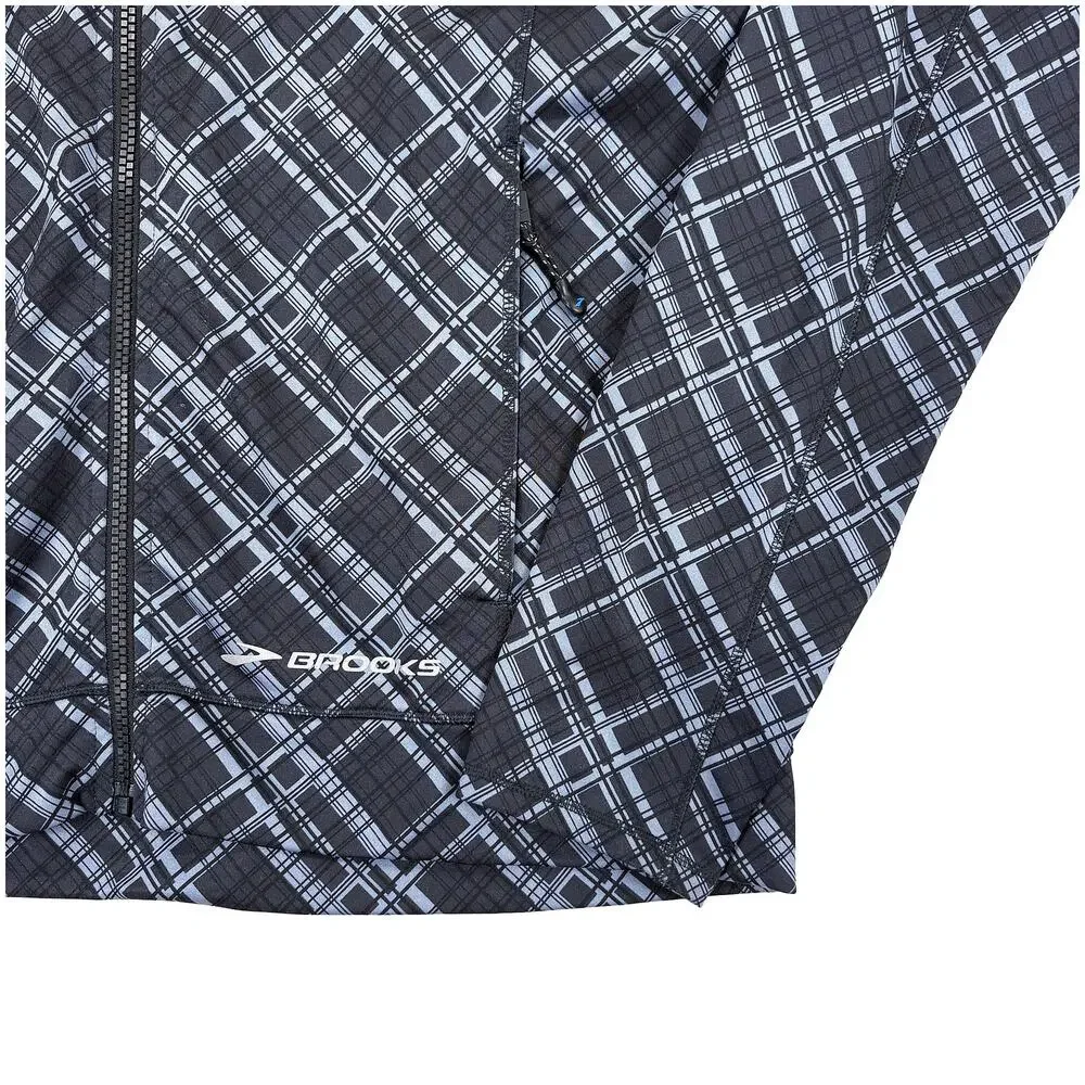 Brooks Running Jacket Men S Black Blue Plaid Hooded Windbreaker Lightweight Rain